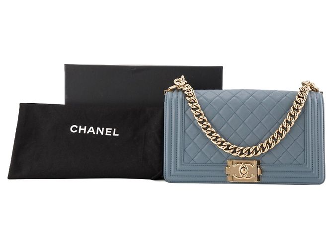 CHANEL - Borsa a tracolla Boy Chanel in pelle liscia blu grigio - vista 12