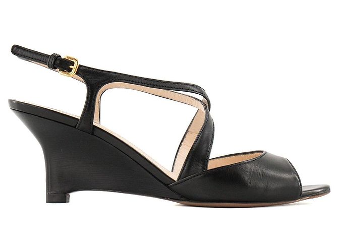 PRADA - Sandali con tacco compensato Prada in pelle liscia nera (T37) Nero - vista 2