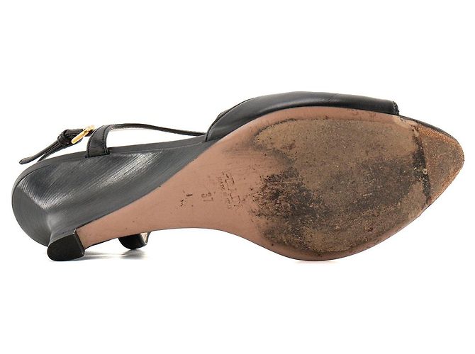 PRADA - Sandali con tacco compensato Prada in pelle liscia nera (T37) Nero - vista 3
