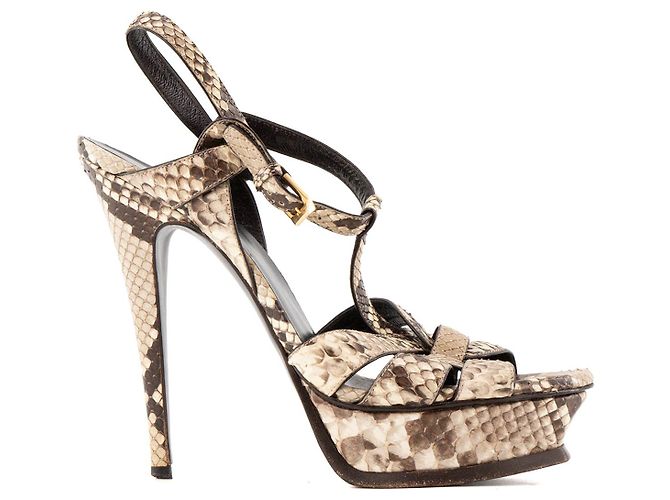 Autre Marque SAINT LAURENT - Sandali platform Tribute in pelle esotica di pitone marrone e beige (T39,5) - vista 2