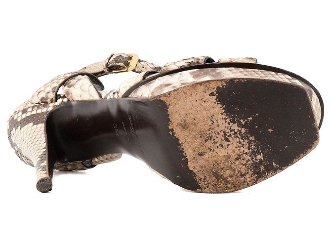 Autre Marque SAINT LAURENT - Sandali platform Tribute in pelle esotica di pitone marrone e beige (T39,5) - vista 3