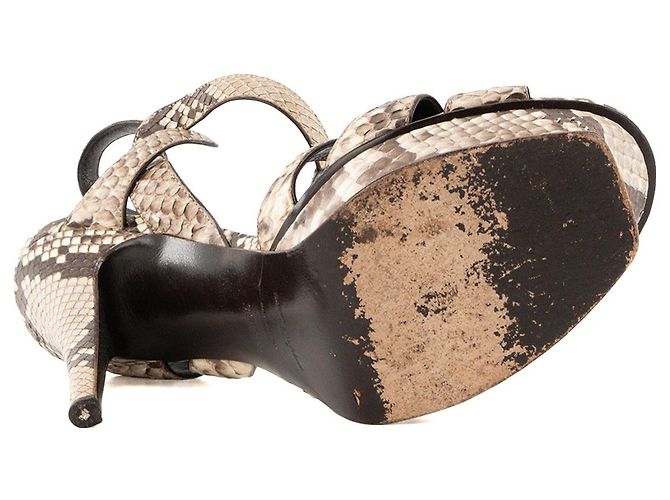 Autre Marque SAINT LAURENT - Sandali platform Tribute in pelle esotica di pitone marrone e beige (T39,5) - vista 4
