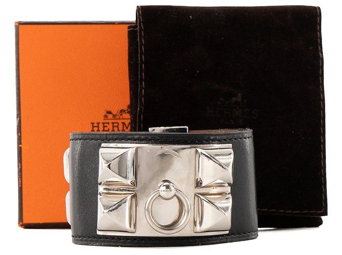 HERMÈS - Bracciale Collier de Chien Hermès in pelle liscia nera (S) Nero - vista 8