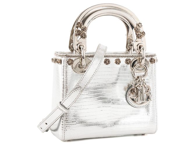 DIOR - Lady Dior Mini Schultertasche aus silbernem exotischem Echsenleder Limited Edition - Ansicht 2