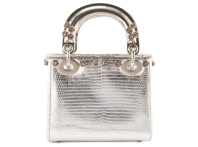 DIOR - Lady Dior Mini Schultertasche aus silbernem exotischem Echsenleder Limited Edition - Ansicht 3