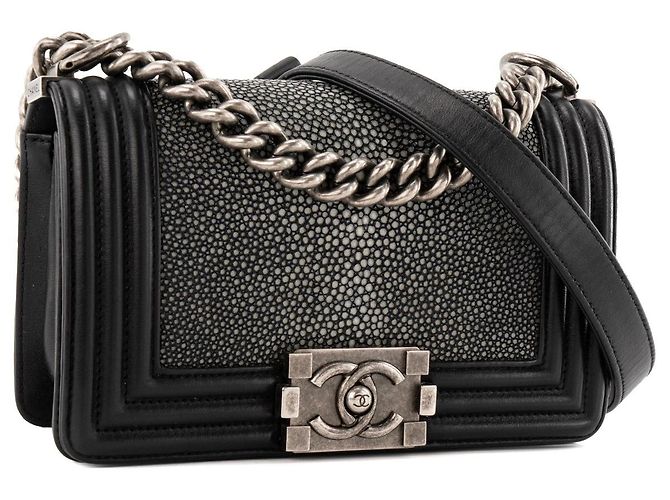 CHANEL - Borsa a tracolla mini Chanel Boy in pelle esotica galuchat e pelle liscia nera Nero - vista 2
