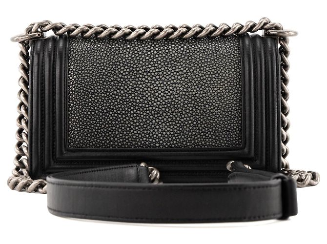 CHANEL - Borsa a tracolla mini Chanel Boy in pelle esotica galuchat e pelle liscia nera Nero - vista 3
