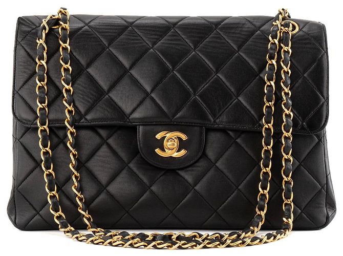 CHANEL - Vintage Double Side Classic/Timeless Schultertasche aus schwarzem Glattleder - Ansicht 3
