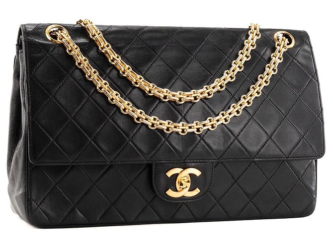 CHANEL - Vintage schwarze glatte Leder Classic/Timeless Chanel Schultertasche - Ansicht 2