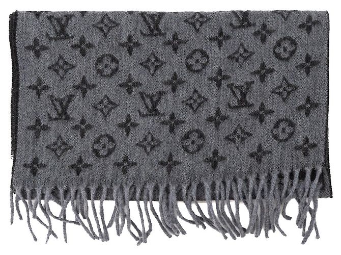 LOUIS VUITTON - Sciarpa Louis Vuitton in cashmere e lana monogrammata nero e grigio - vista 2