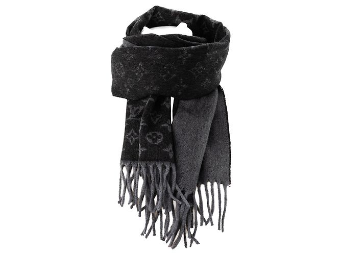 LOUIS VUITTON - Sciarpa Louis Vuitton in cashmere e lana monogrammata nero e grigio - vista 3