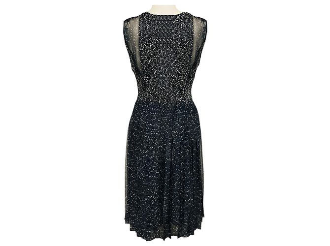Vestido Adam Lippes Black / White / Blue / Navy Multi plissado em chiffon de seda e tweed de lã Multicor - vista 3