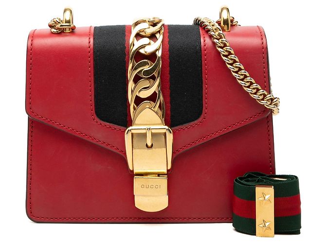 Borsa Red Gucci Mini Calfskin Web Sylvie Chain Satchel Rosso - vista 10