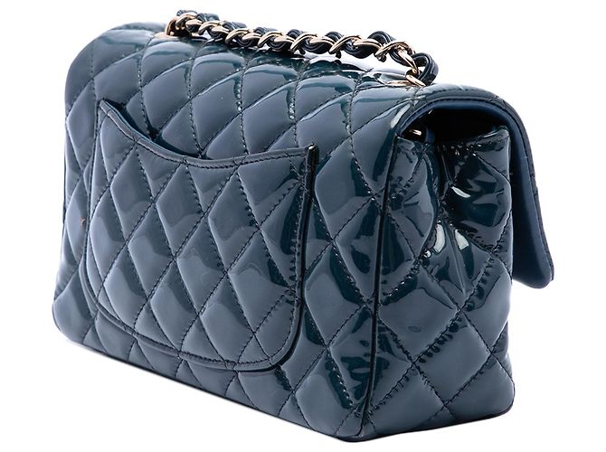 Bolsa Tiracolo Chanel Mini Rectangular Classic Patent Single Flap Azul - vista 2