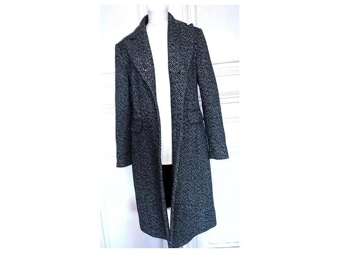 Autre Marque Abrigo largo de lana tweed en espiga Exaltation Negro Blanco - vista 7
