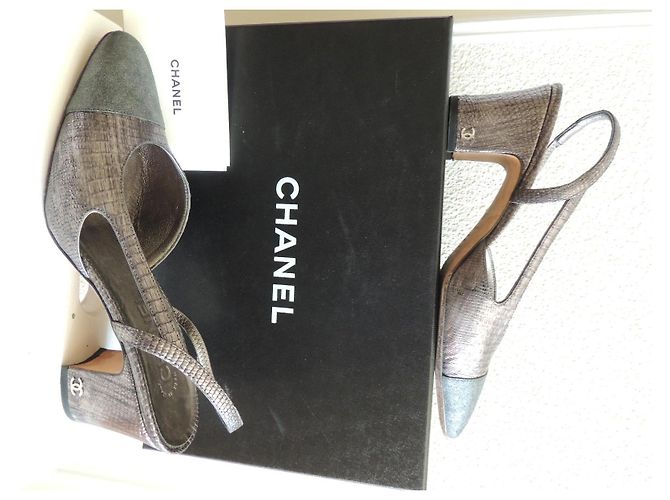 Chanel Slingback Pumps aus metallgrauem Echsenleder Metallisch - Ansicht 3