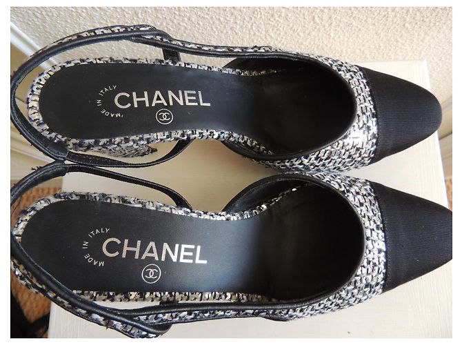 Chanel Slingback Tweed e Paillettes Argentate 38.5 Nero Silver hardware - vista 4