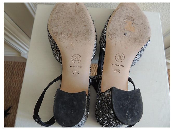 Chanel Slingback Tweed e Paillettes Argentate 38.5 Nero Silver hardware - vista 6