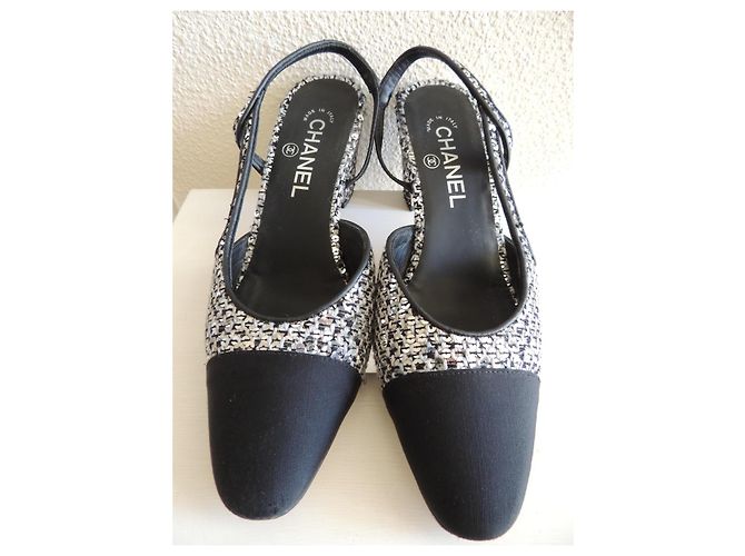 Chanel Slingback Tweed e Paillettes Argentate 38.5 Nero Silver hardware - vista 7