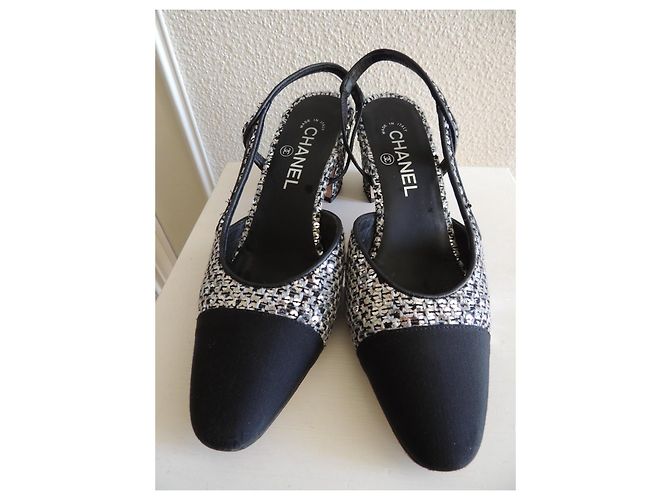 Chanel Slingback Tweed e Paillettes Argentate 38.5 Nero Silver hardware - vista 2