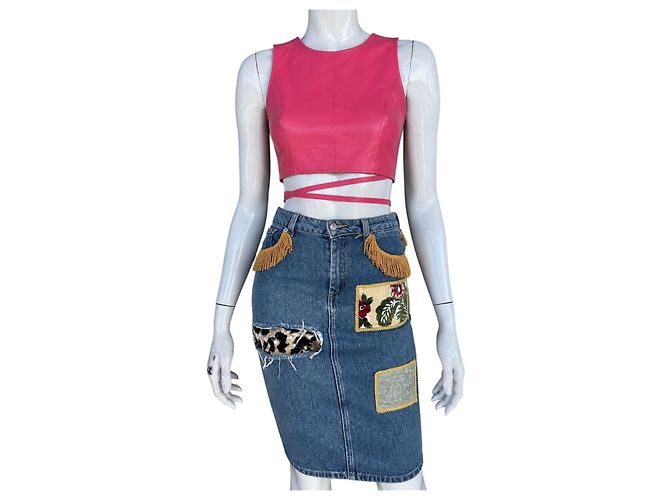 Jeremy Scott Saia de Denim Patchwork Azul Estampa de leopardo - vista 4