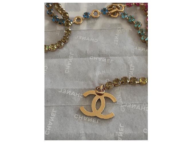 Cinto Colar Chanel Logo CC Cristais Arco-íris Multicor Dourado - vista 5