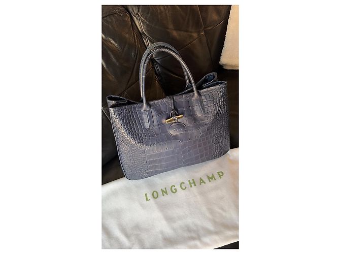 Longchamp Roseau Saco Cabas Couro Efeito Croco Azul escuro - vista 2