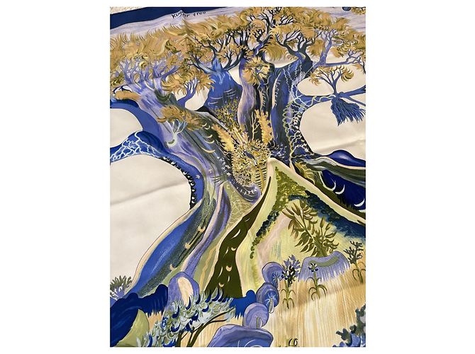 Hermès Kuggor Tree Seidentuch Braun Weiß Blau Golden Grün - Ansicht 3