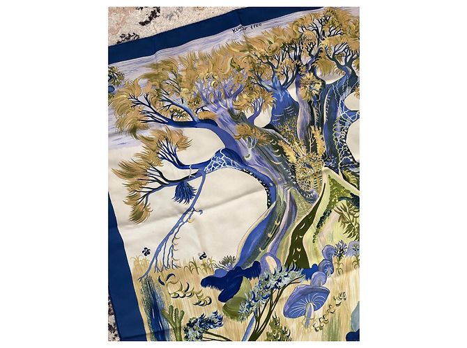 Hermès Kuggor Tree Seidentuch Braun Weiß Blau Golden Grün - Ansicht 8