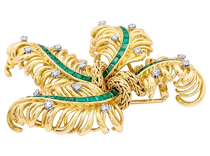 Spilla Chaumet "Panache", oro giallo, diamanti, smeraldi. - vista 4