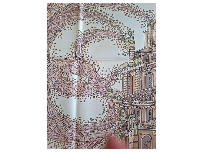 Hermès Pañuelo de seda "Les Arbres de Babel" Castaño Rosa Beige - vista 10