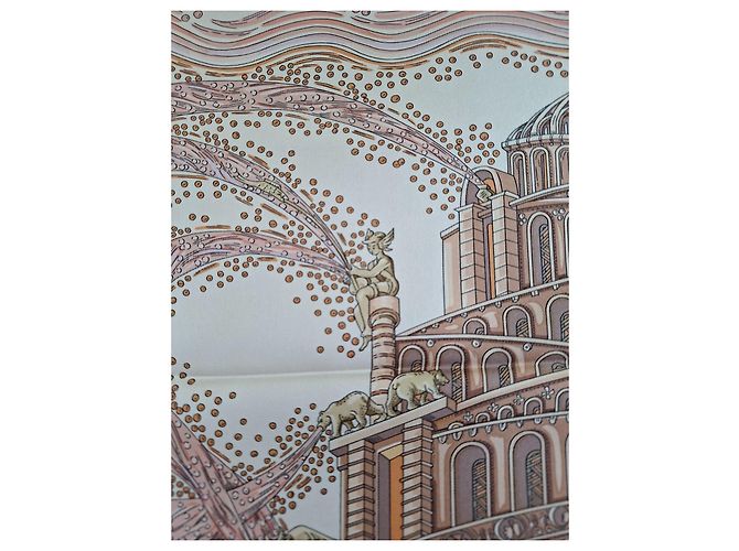 Hermès Pañuelo de seda "Les Arbres de Babel" Castaño Rosa Beige - vista 11