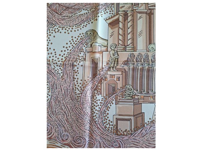 Hermès Pañuelo de seda "Les Arbres de Babel" Castaño Rosa Beige - vista 12