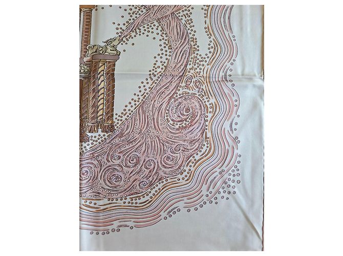 Hermès Pañuelo de seda "Les Arbres de Babel" Castaño Rosa Beige - vista 13