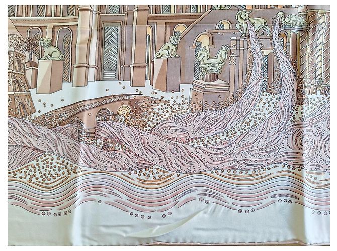 Hermès Pañuelo de seda "Les Arbres de Babel" Castaño Rosa Beige - vista 16