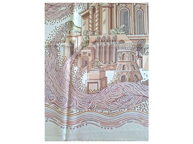 Hermès Pañuelo de seda "Les Arbres de Babel" Castaño Rosa Beige - vista 17