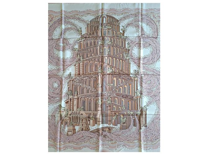 Hermès Pañuelo de seda "Les Arbres de Babel" Castaño Rosa Beige - vista 2