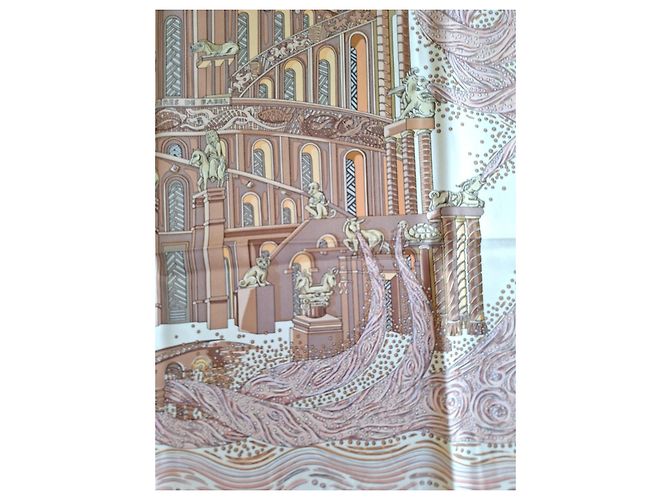 Hermès Pañuelo de seda "Les Arbres de Babel" Castaño Rosa Beige - vista 3