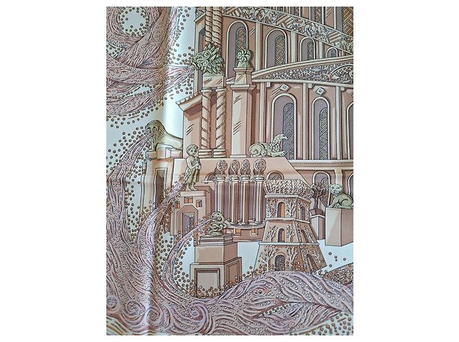 Hermès Pañuelo de seda "Les Arbres de Babel" Castaño Rosa Beige - vista 4