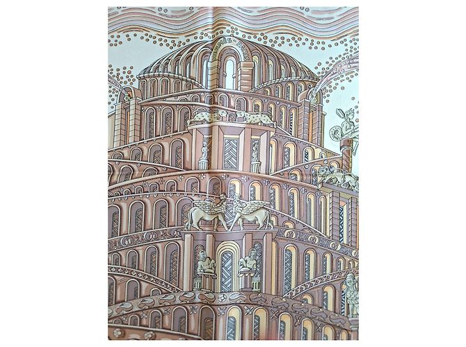 Hermès Pañuelo de seda "Les Arbres de Babel" Castaño Rosa Beige - vista 5