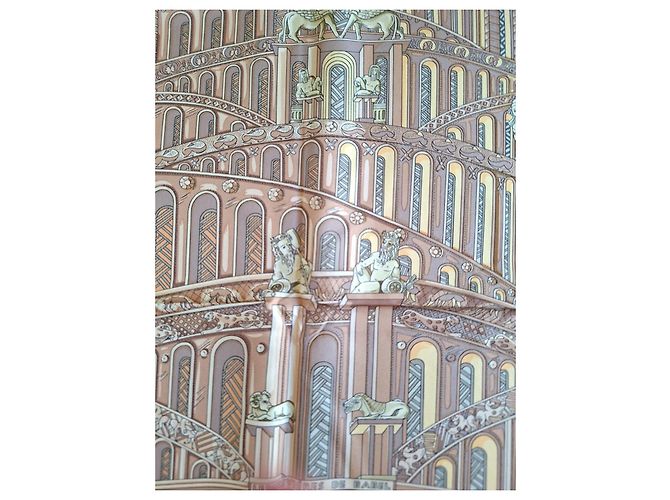 Hermès Pañuelo de seda "Les Arbres de Babel" Castaño Rosa Beige - vista 6