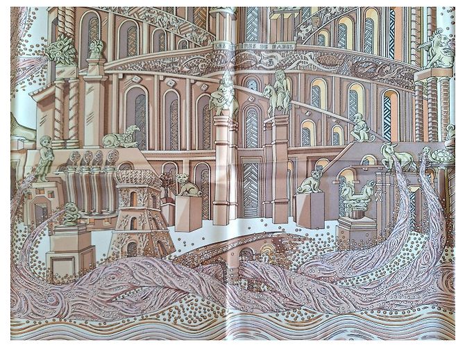 Hermès Pañuelo de seda "Les Arbres de Babel" Castaño Rosa Beige - vista 7