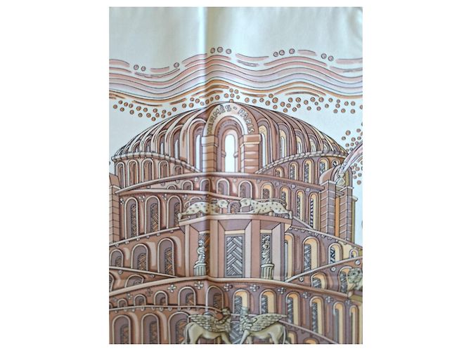 Hermès Pañuelo de seda "Les Arbres de Babel" Castaño Rosa Beige - vista 8