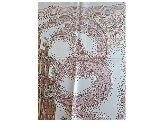 Hermès Pañuelo de seda "Les Arbres de Babel" Castaño Rosa Beige - vista 9