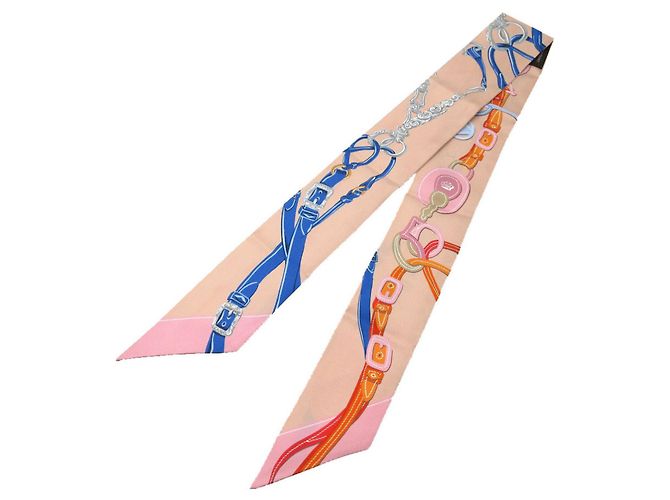 Hermès Twilly Bride de Gala Lenço de seda Rosa Azul Bege - vista 2