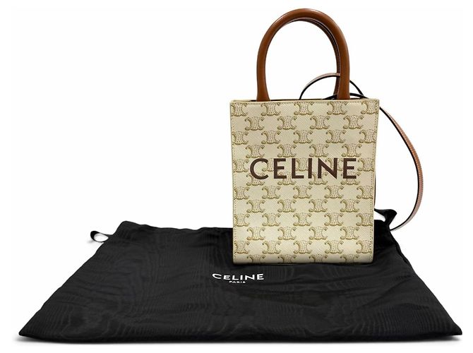 Céline Celine Triomphe Mini Vertical Cabas Schultertasche aus beschichtetem Canvas und Leder Braun Roh - Ansicht 2