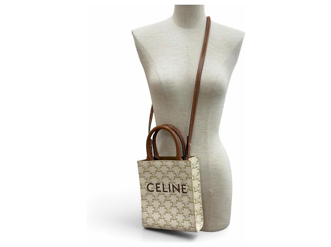 Céline Celine Triomphe Mini Vertical Cabas Schultertasche aus beschichtetem Canvas und Leder Braun Roh - Ansicht 3