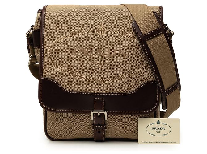 Bolso bandolera Prada de lona Canapa beige con ribetes de cuero y hebilla con logo - vista 7