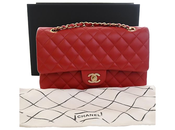 Chanel Red Medium Classic Lambskin Double Flap Rouge - vue 15
