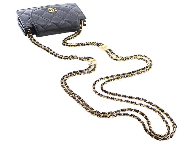 Portacellulare con catena Chanel Mini CC Quilted in pelle d'agnello nera Nero - vista 9